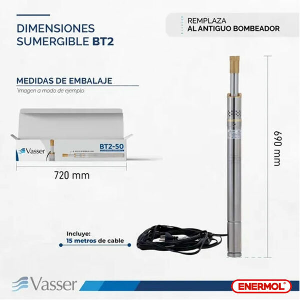 Bomba Sumergible Riego Pozo Vasser BT2 0,5HP 2″ - Imagen 4