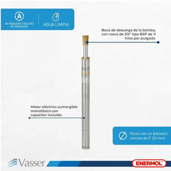 Bomba Sumergible Riego Pozo Vasser BT2 0,5HP 2″ - Imagen 5