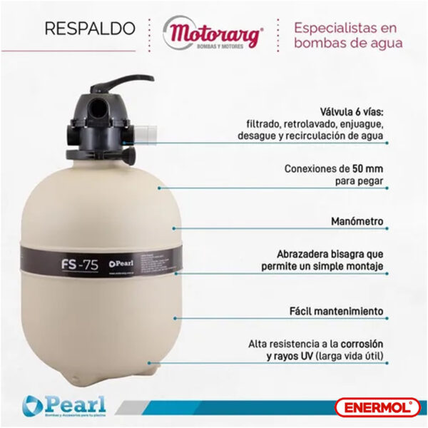 Filtro Pileta Pearl Fs-75 Válvula 6 Vías 80.000 Litros - Imagen 3