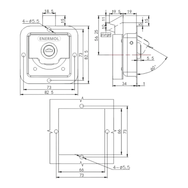 Cerradura 82 x 82 mm acero inoxidable de embutir, Uso en Bauleras, Mini Rodante, Cabinas, Motorhome, etc - Imagen 11